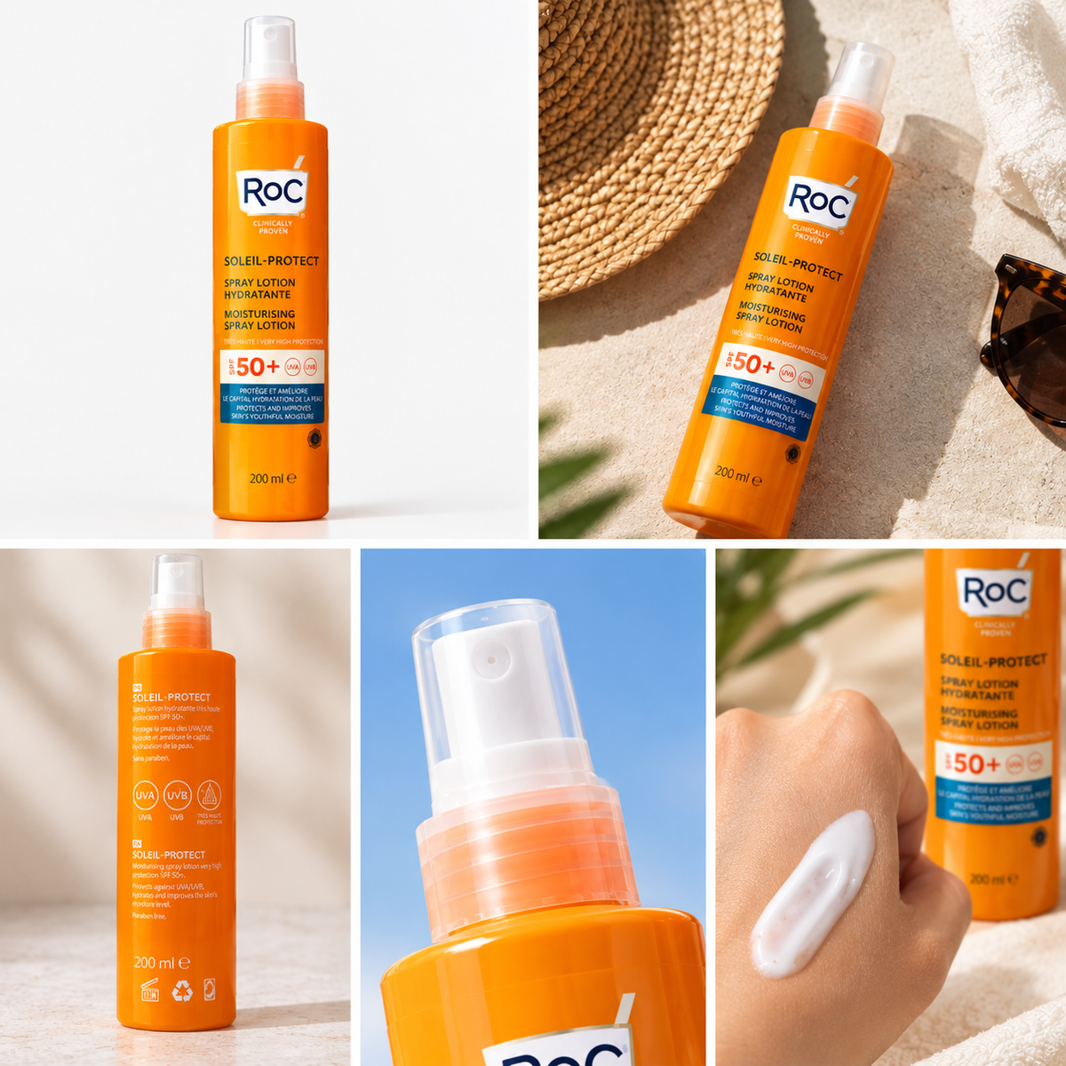 RoC Soleil-Protect SPF 50+ – Spray Lotion Hydratante Corps – Très Haute Protection UVA/UVB – 200 ml